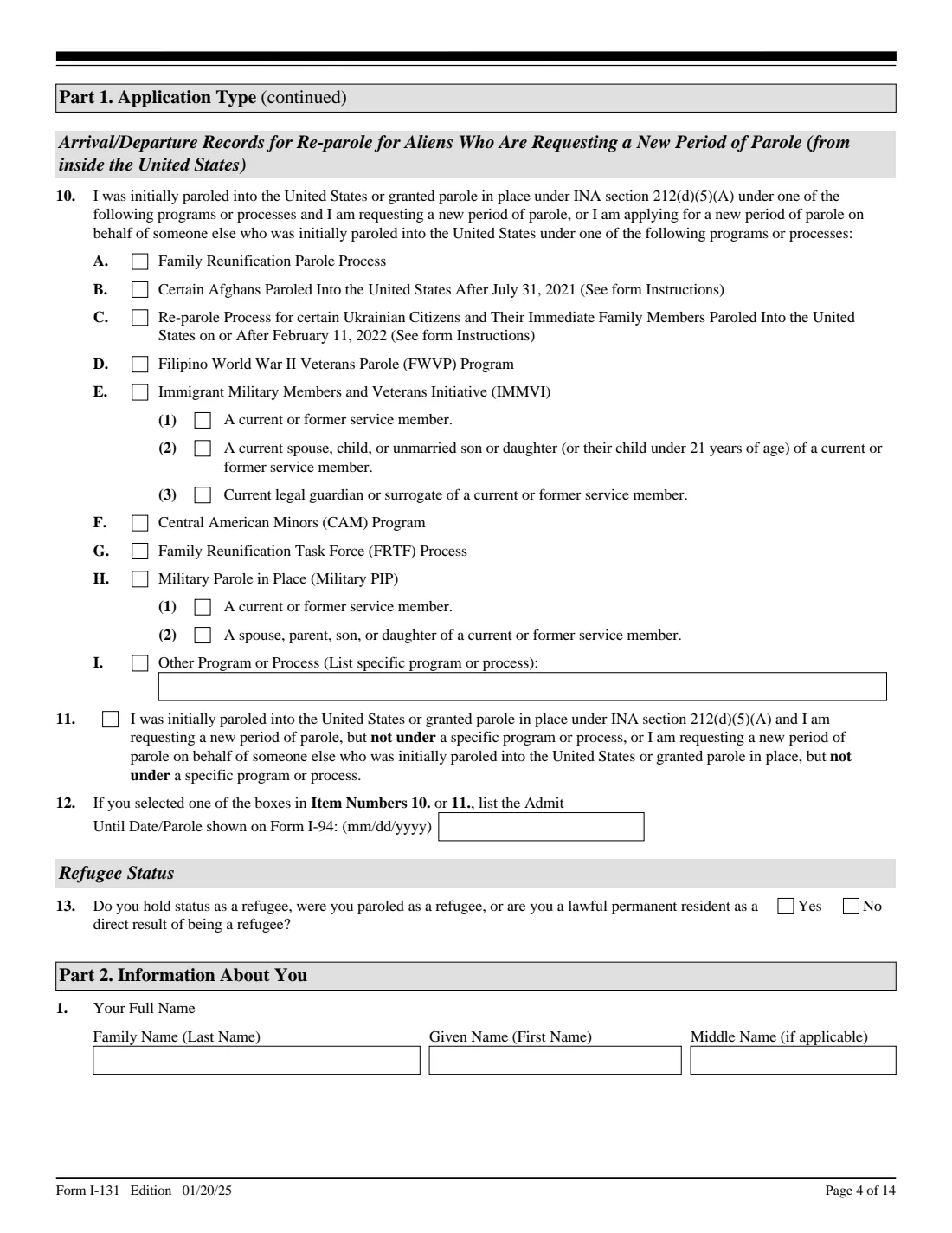 Form I-131 (2025) Application for Travel Documents, Parole Documents, and Arrival/Departure Records — page 4 of 14