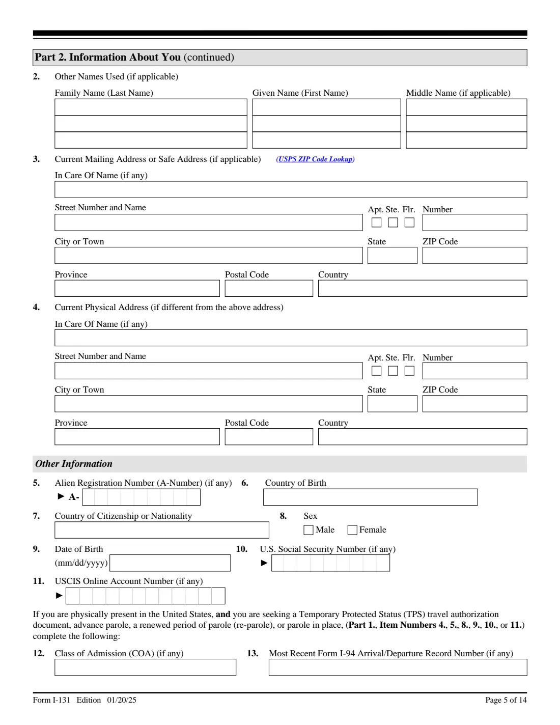 Form I-131 (2025) Application for Travel Documents, Parole Documents, and Arrival/Departure Records — page 5 of 14