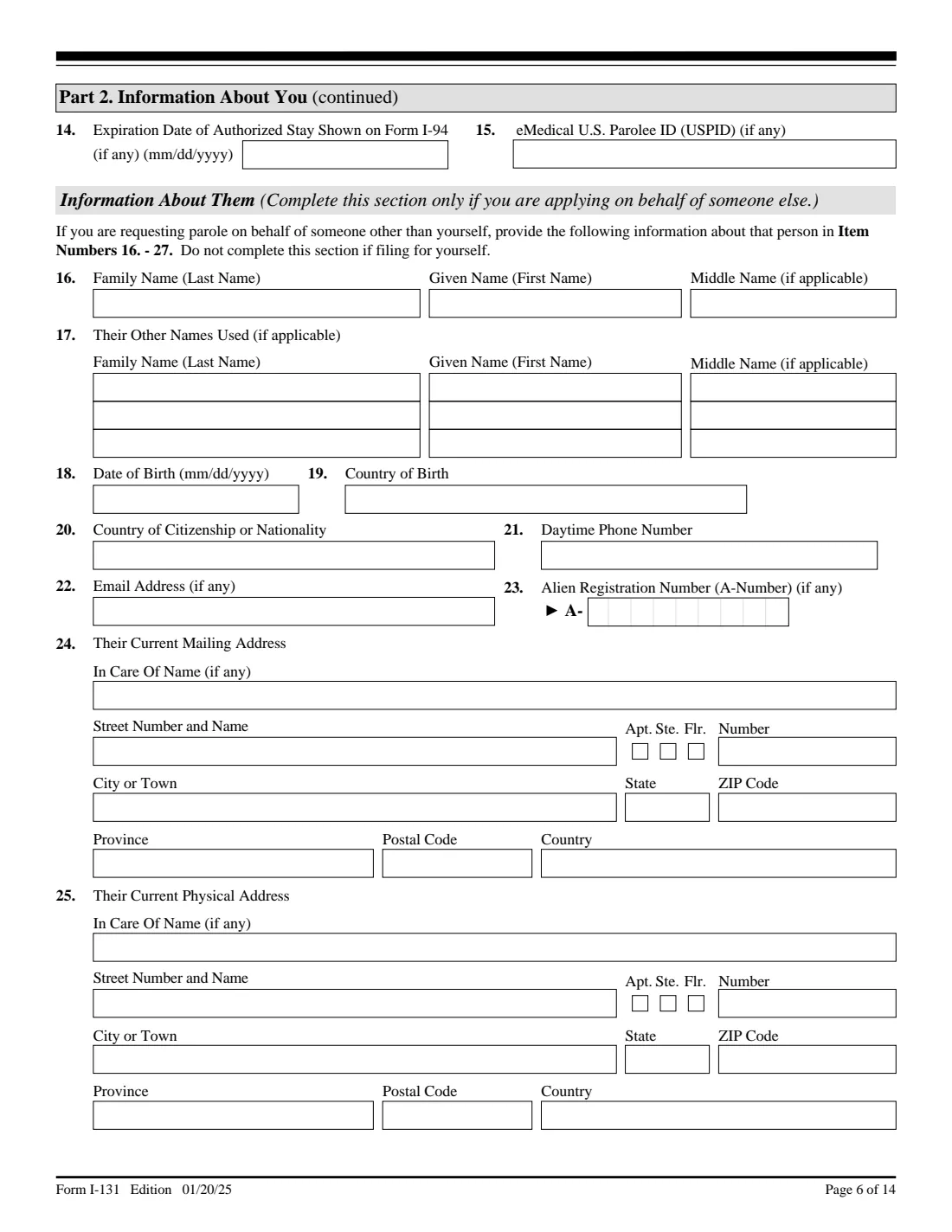 Form I-131 (2025) Application for Travel Documents, Parole Documents, and Arrival/Departure Records — page 6 of 14