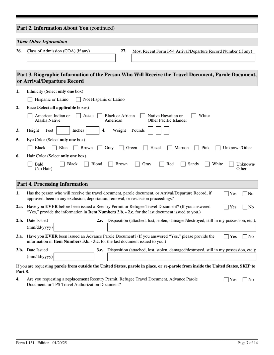 Form I-131 (2025) Application for Travel Documents, Parole Documents, and Arrival/Departure Records — page 7 of 14