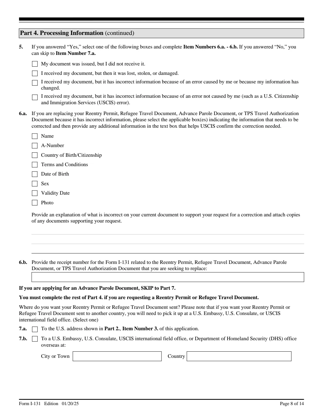 Form I-131 (2025) Application for Travel Documents, Parole Documents, and Arrival/Departure Records — page 8 of 14