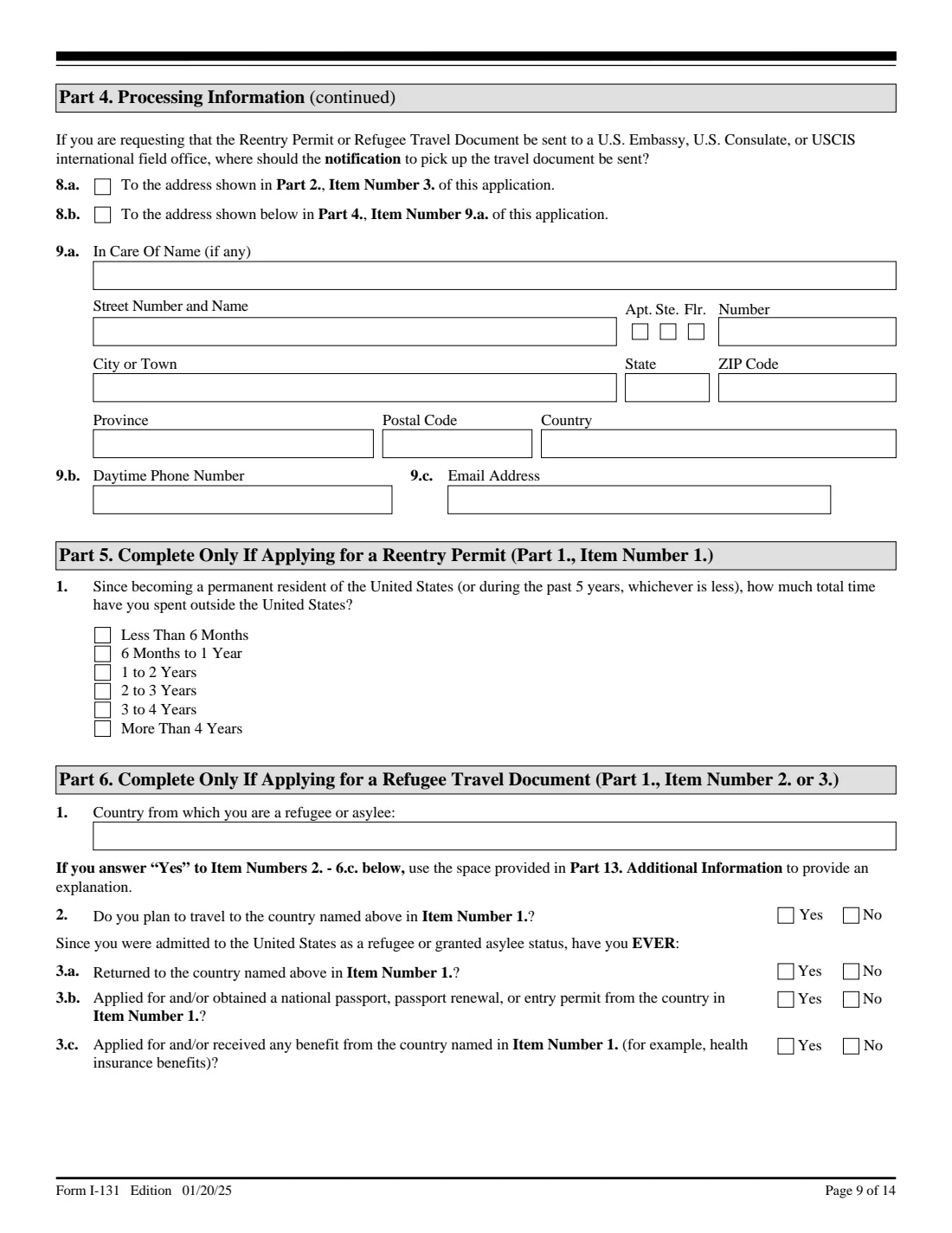 Form I-131 (2025) Application for Travel Documents, Parole Documents, and Arrival/Departure Records — page 9 of 14