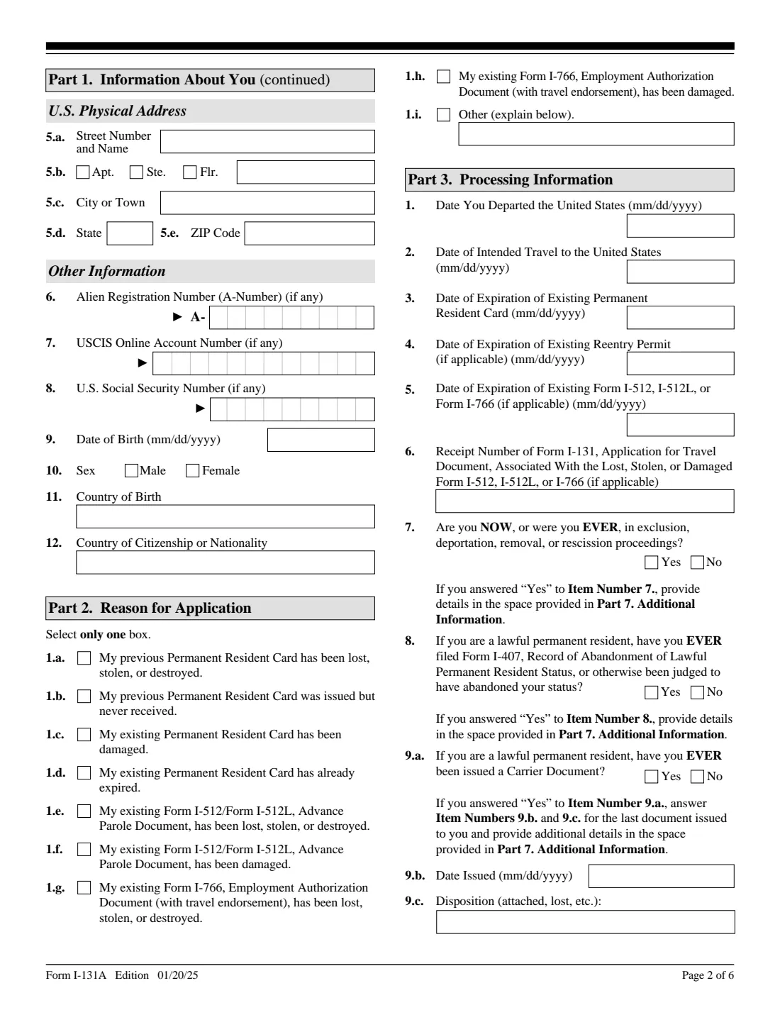 Form I-131A (2025) Application for Carrier Documentation — page 2 of 6