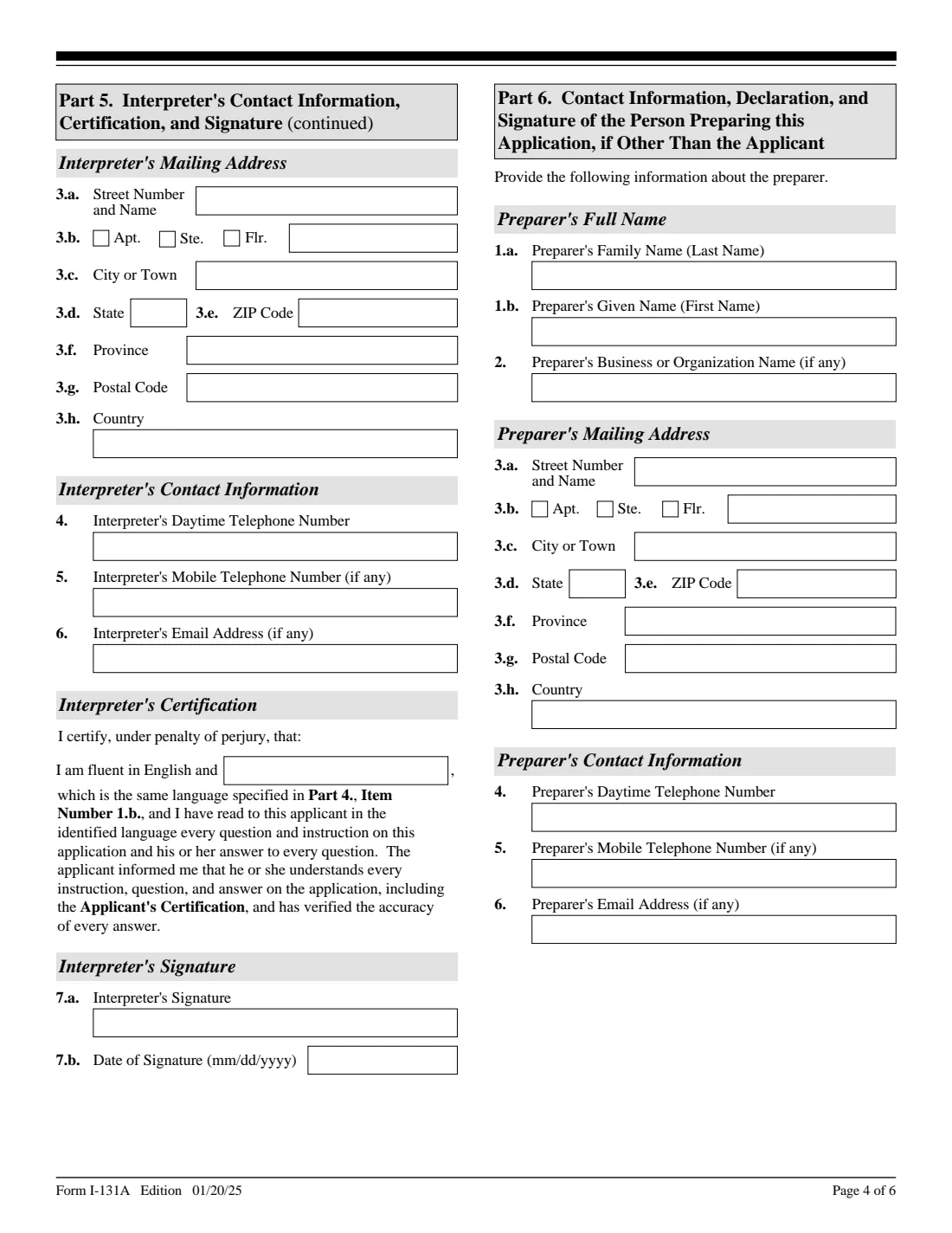 Form I-131A (2025) Application for Carrier Documentation — page 4 of 6