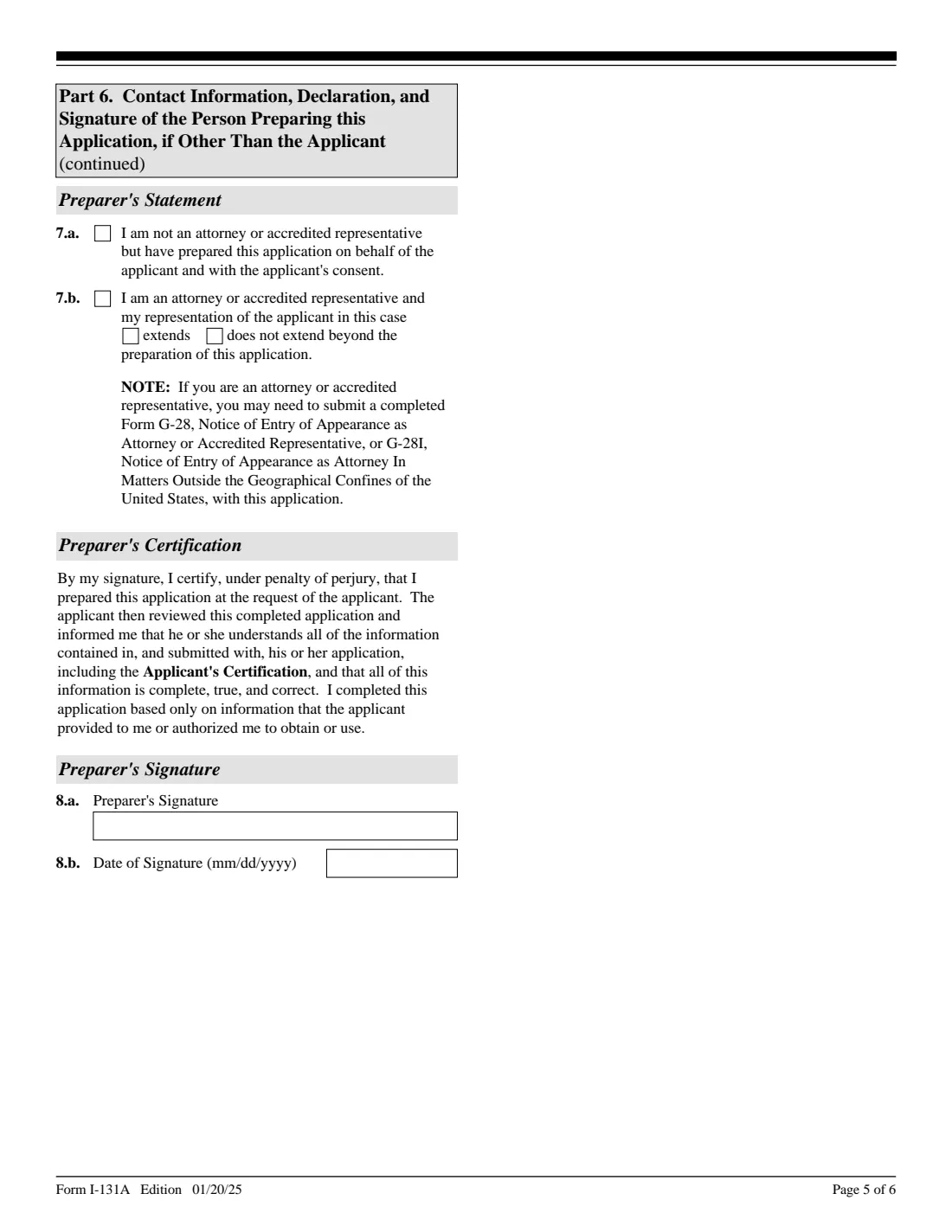 Form I-131A (2025) Application for Carrier Documentation — page 5 of 6