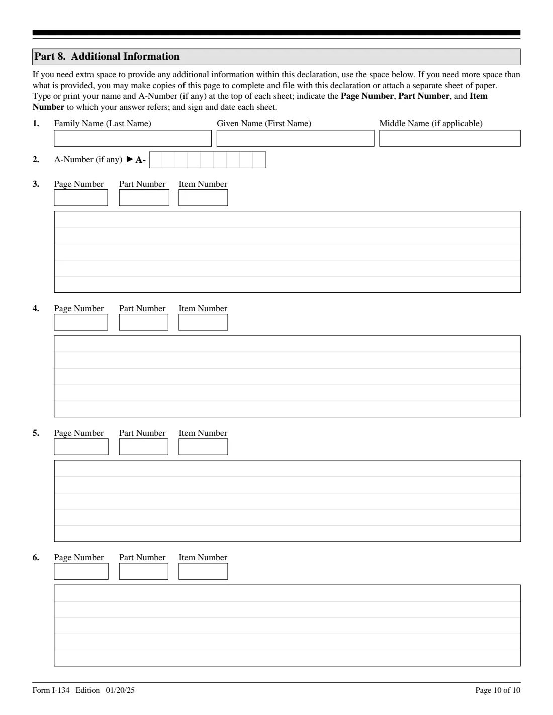 Form I-134 (2025) Declaration of Financial Support — page 10 of 10