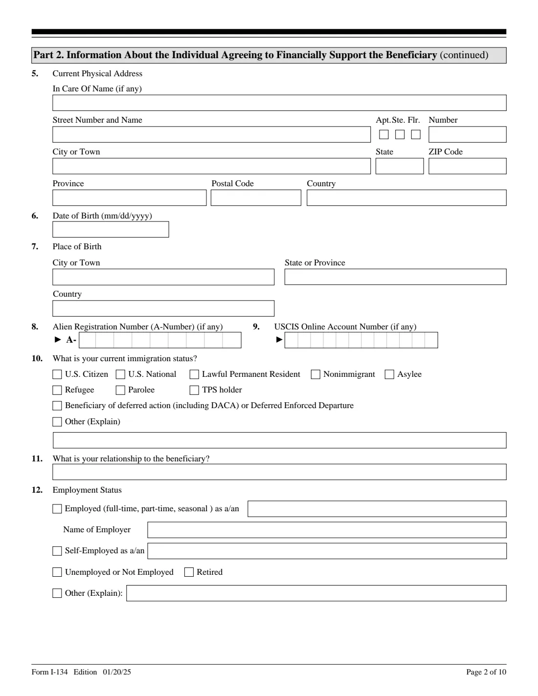 Form I-134 (2025) Declaration of Financial Support — page 2 of 10