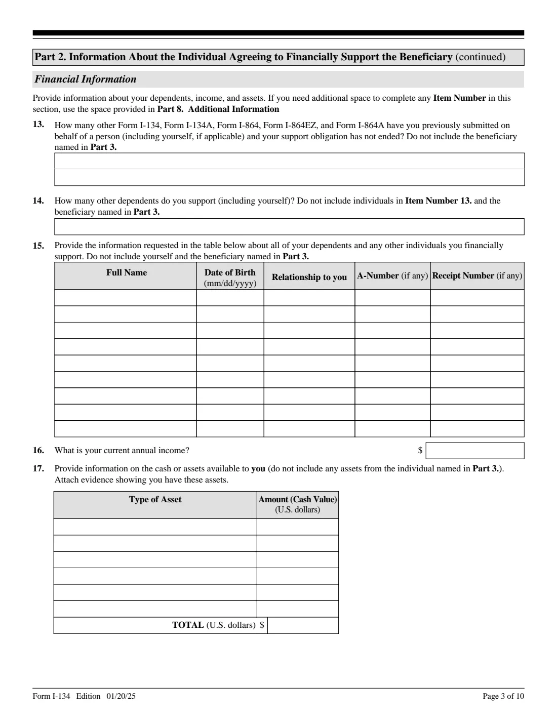 Form I-134 (2025) Declaration of Financial Support — page 3 of 10