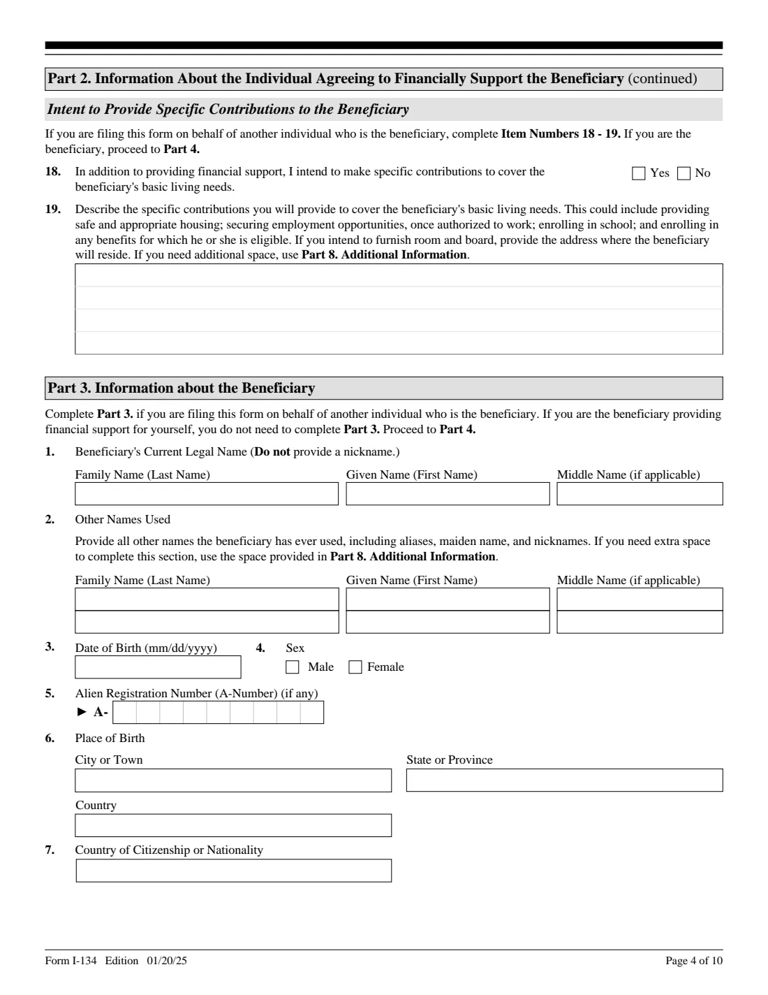 Form I-134 (2025) Declaration of Financial Support — page 4 of 10