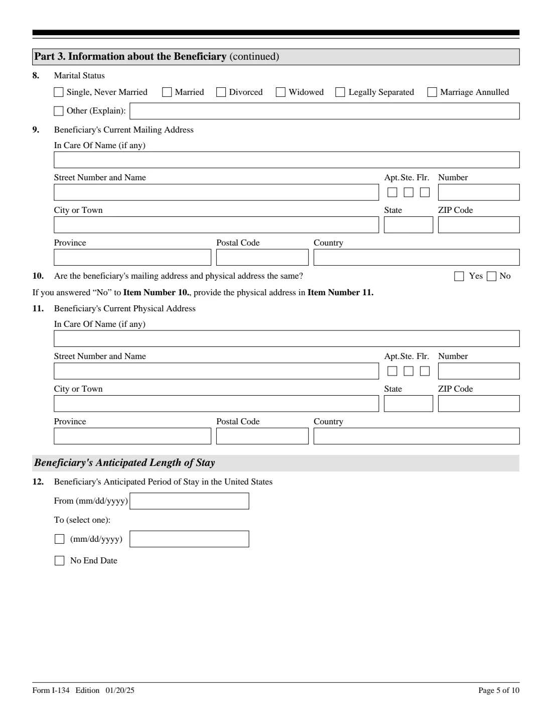 Form I-134 (2025) Declaration of Financial Support — page 5 of 10