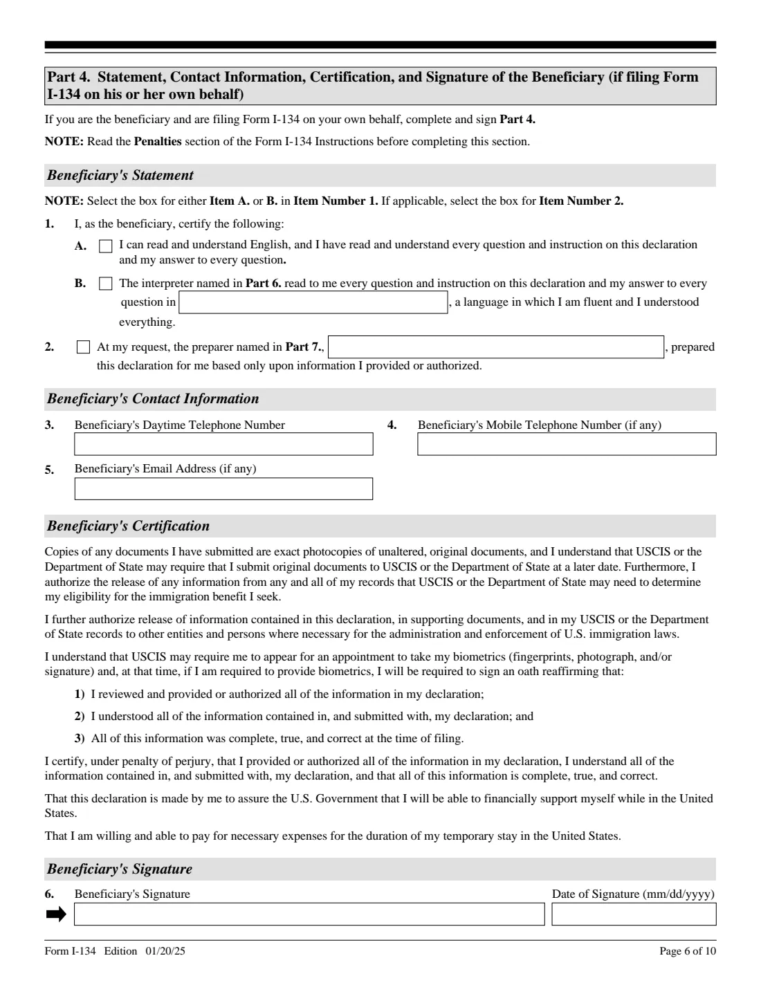 Form I-134 (2025) Declaration of Financial Support — page 6 of 10