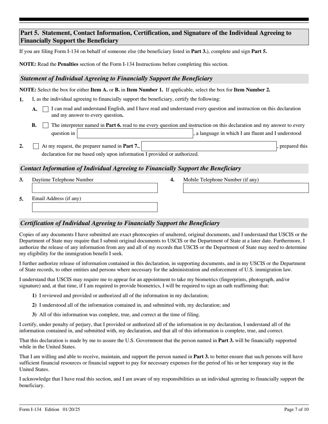Form I-134 (2025) Declaration of Financial Support — page 7 of 10