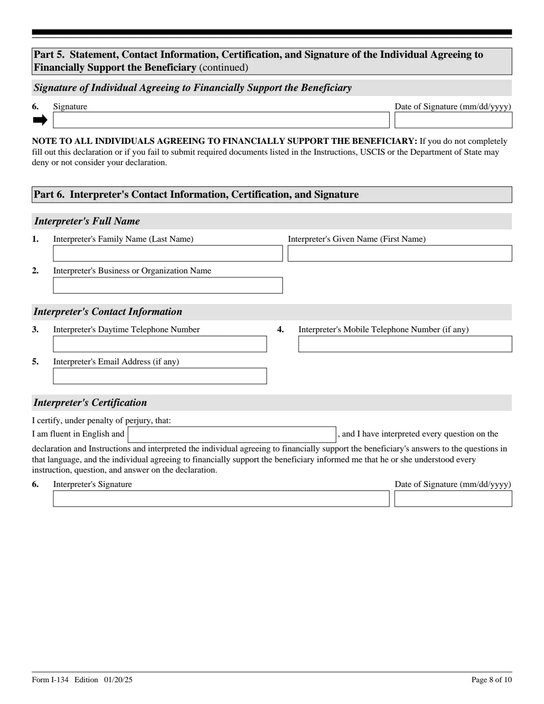 Form I-134 (2025) Declaration of Financial Support — page 8 of 10