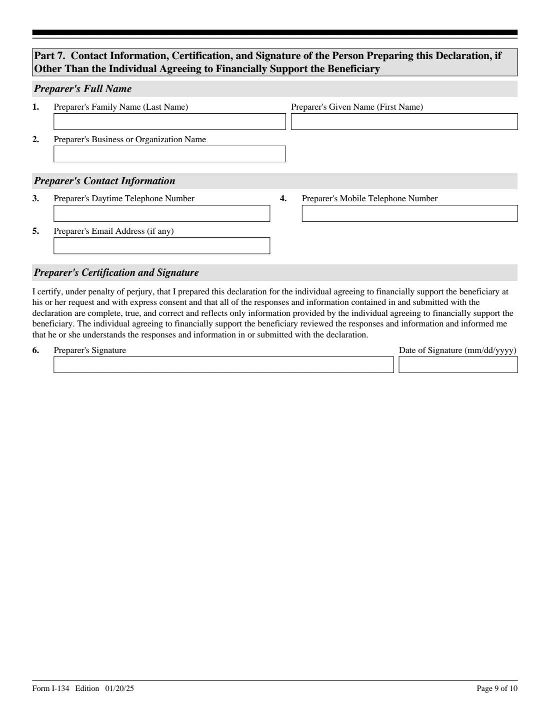 Form I-134 (2025) Declaration of Financial Support — page 9 of 10