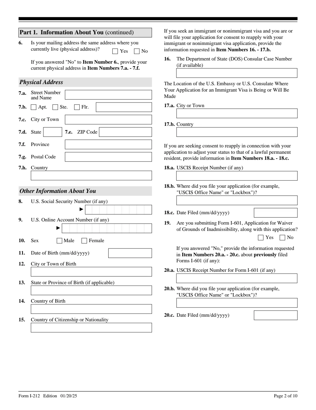 Form I-212 (2025) Application for Permission to Reapply for Admission Into the United States After Deportation or Removal — page 2 of 10