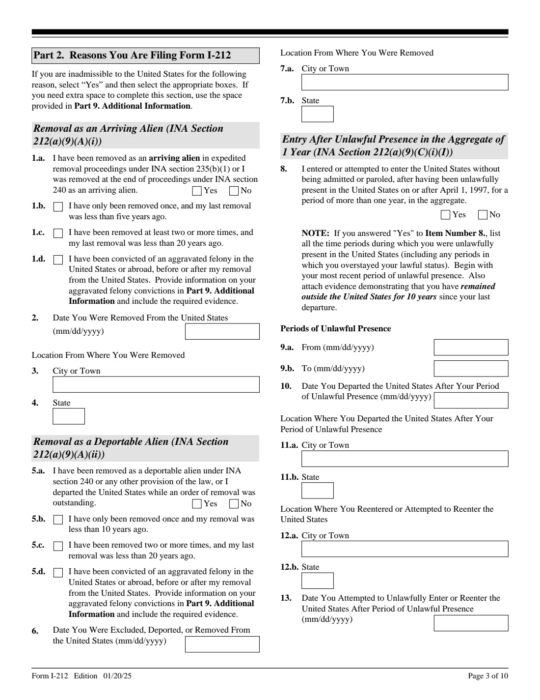 Form I-212 (2025) Application for Permission to Reapply for Admission Into the United States After Deportation or Removal — page 3 of 10