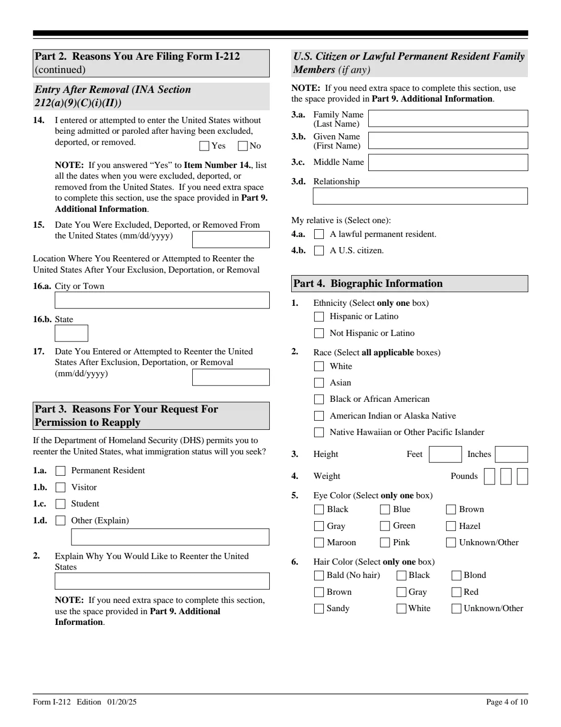 Form I-212 (2025) Application for Permission to Reapply for Admission Into the United States After Deportation or Removal — page 4 of 10