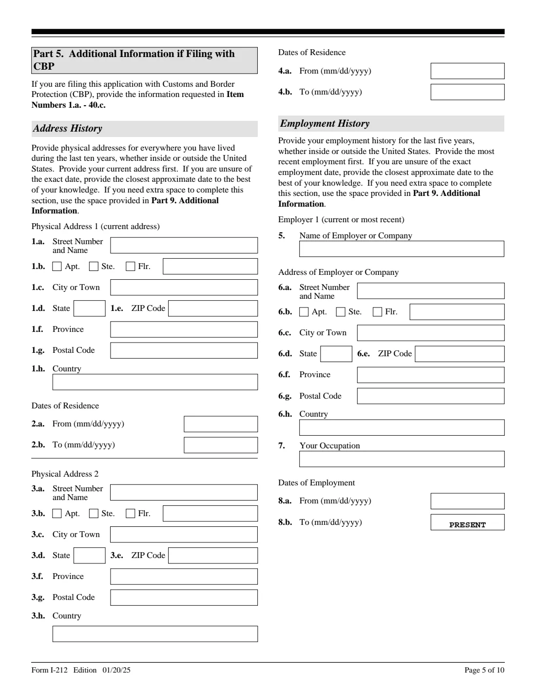 Form I-212 (2025) Application for Permission to Reapply for Admission Into the United States After Deportation or Removal — page 5 of 10