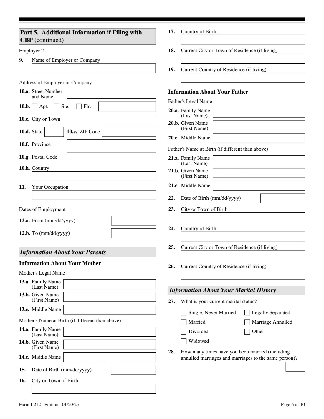 Form I-212 (2025) Application for Permission to Reapply for Admission Into the United States After Deportation or Removal — page 6 of 10