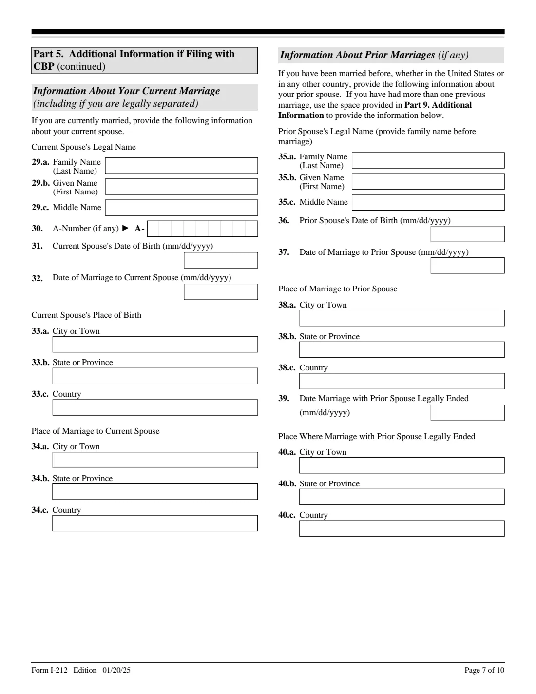 Form I-212 (2025) Application for Permission to Reapply for Admission Into the United States After Deportation or Removal — page 7 of 10
