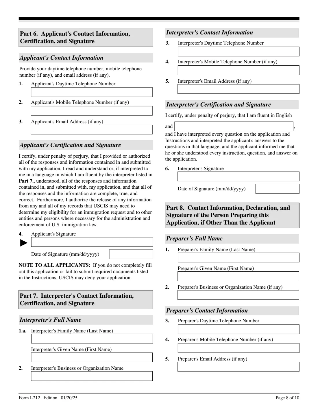 Form I-212 (2025) Application for Permission to Reapply for Admission Into the United States After Deportation or Removal — page 8 of 10