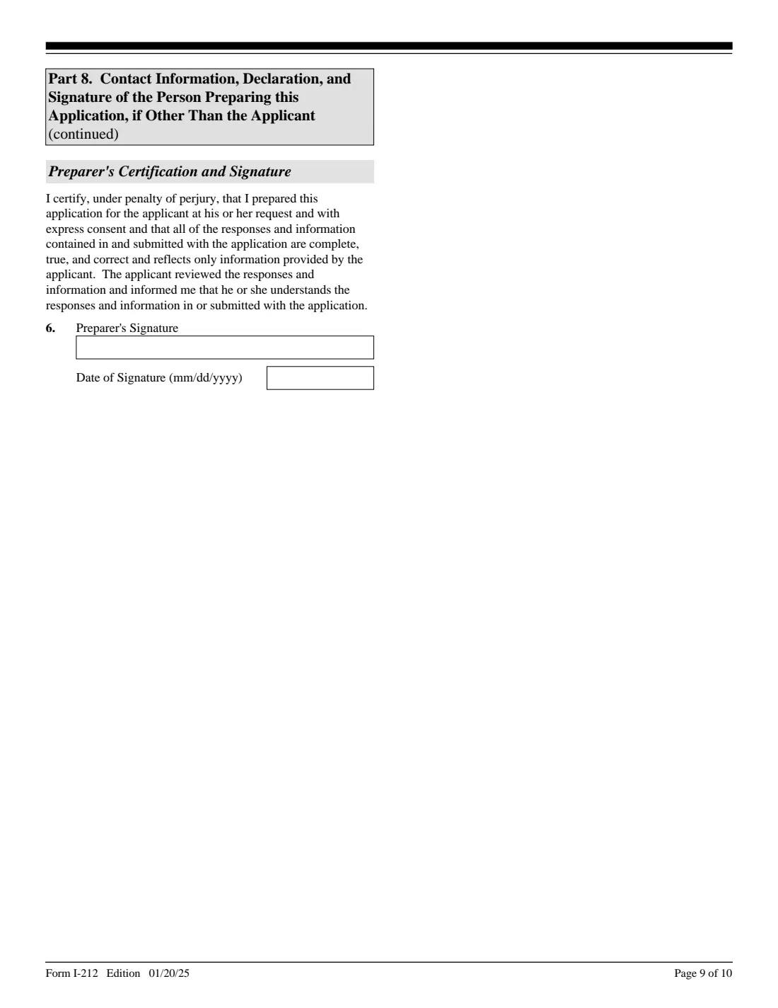Form I-212 (2025) Application for Permission to Reapply for Admission Into the United States After Deportation or Removal — page 9 of 10