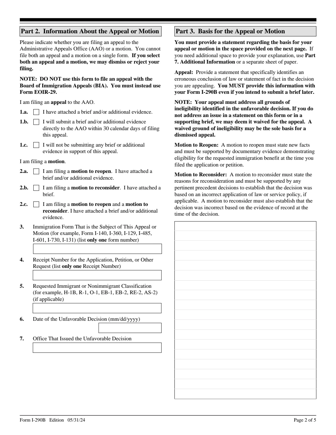 Form I-290B (2024) Notice of Appeal or Motion — page 2 of 5