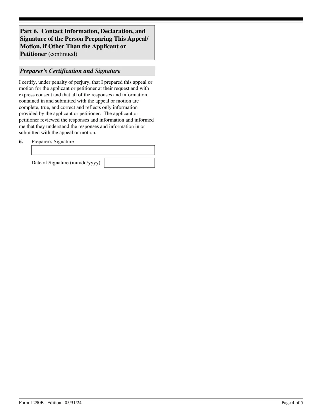 Form I-290B (2024) Notice of Appeal or Motion — page 4 of 5