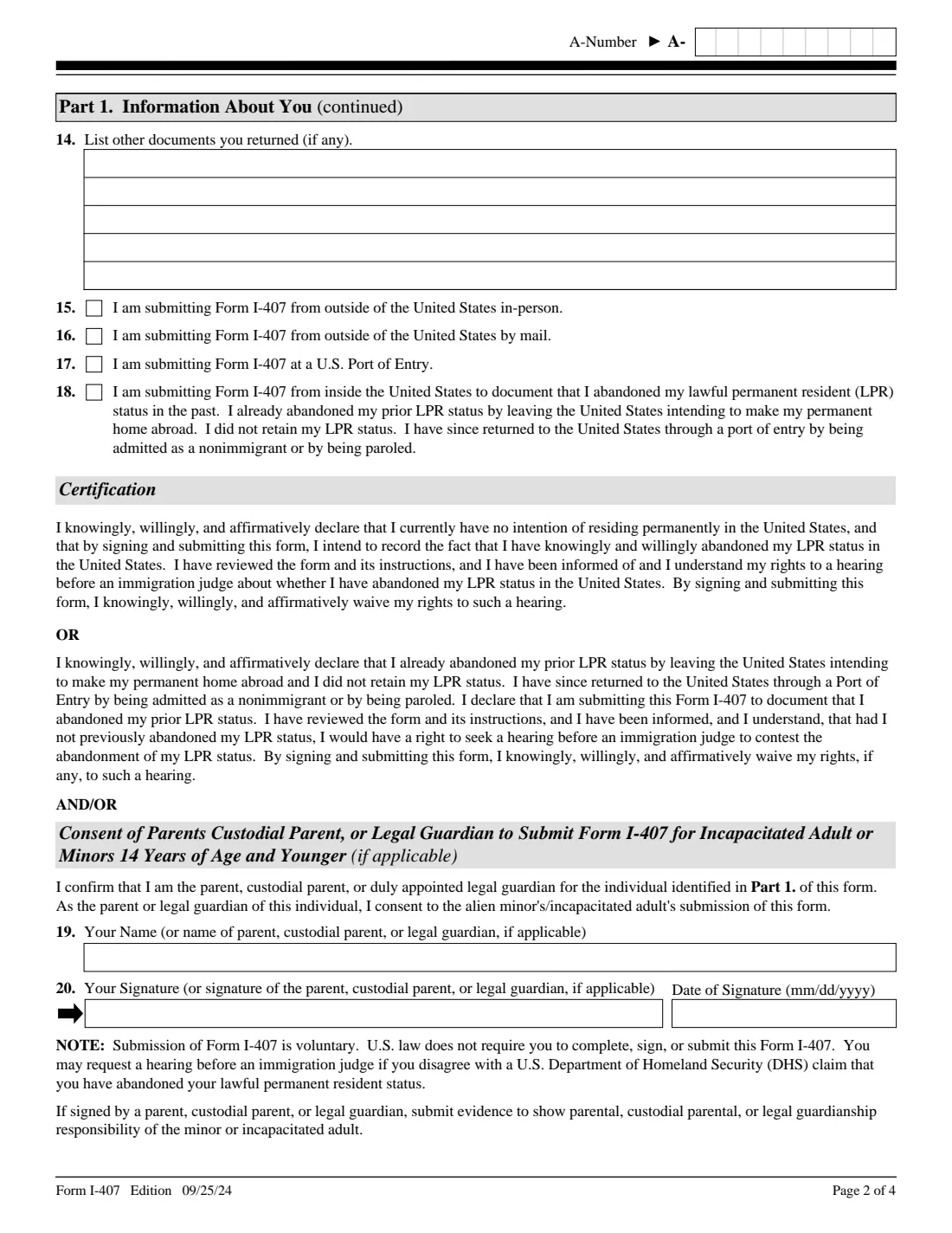 Form I-407 (2024) Record of Abandonment of Lawful Permanent Resident Status — page 2 of 4