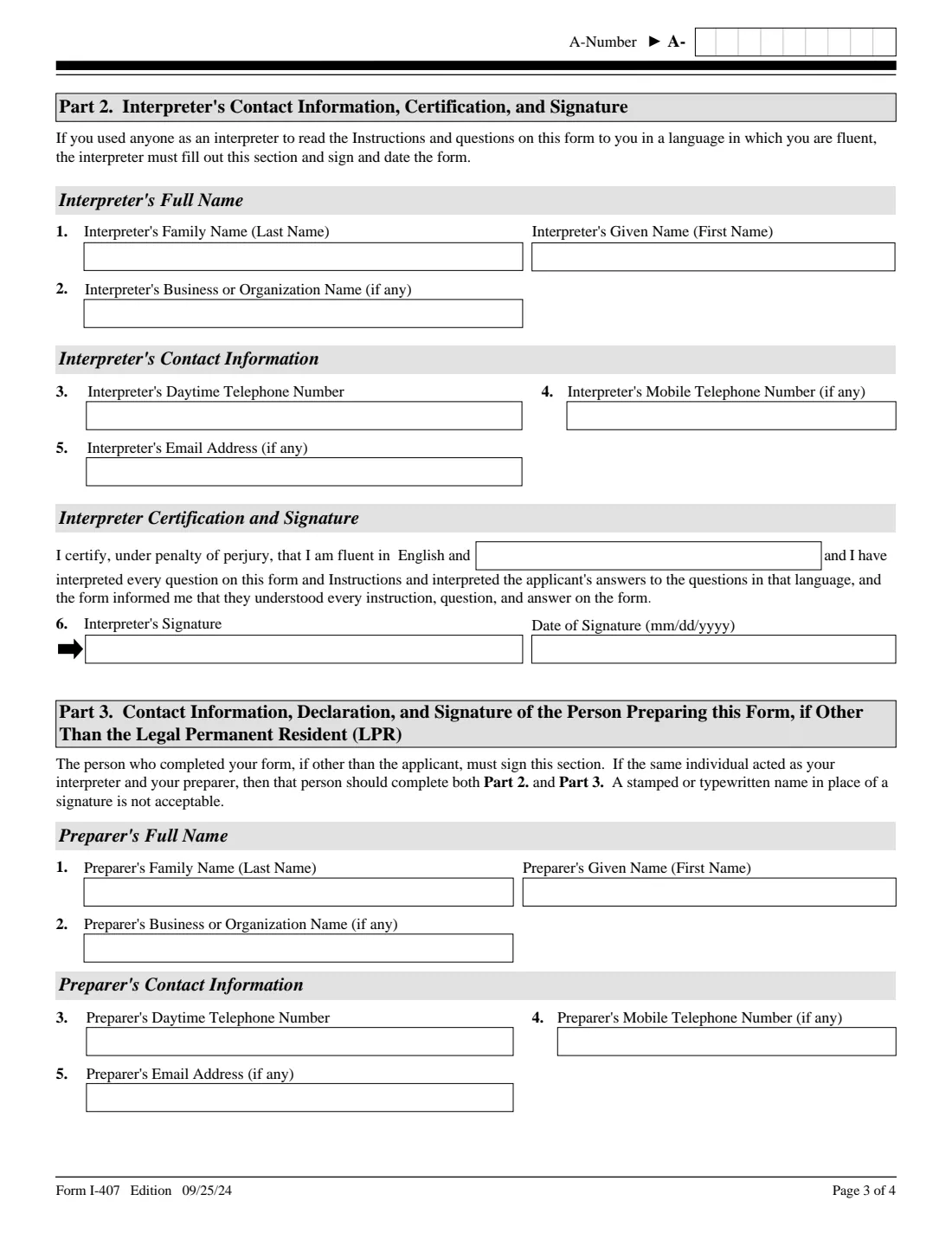 Form I-407 (2024) Record of Abandonment of Lawful Permanent Resident Status — page 3 of 4