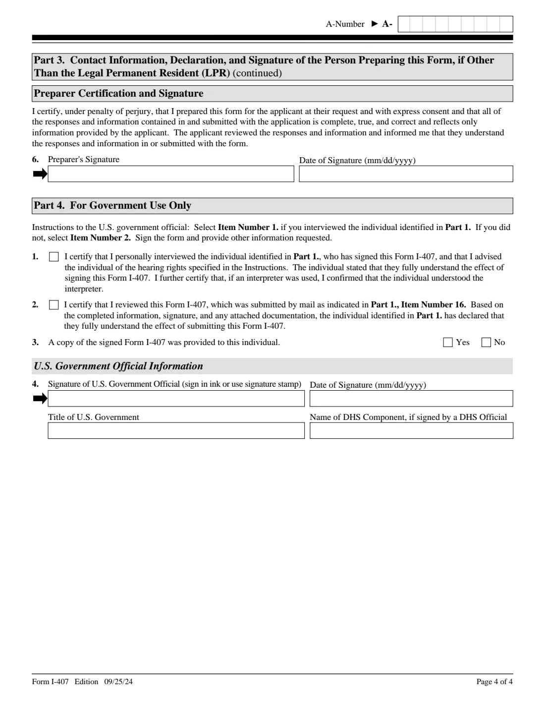 Form I-407 (2024) Record of Abandonment of Lawful Permanent Resident Status — page 4 of 4