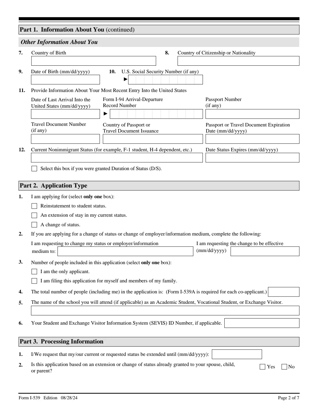Form I-539 (2024) Application to Extend/Change Nonimmigrant Status — page 2 of 7