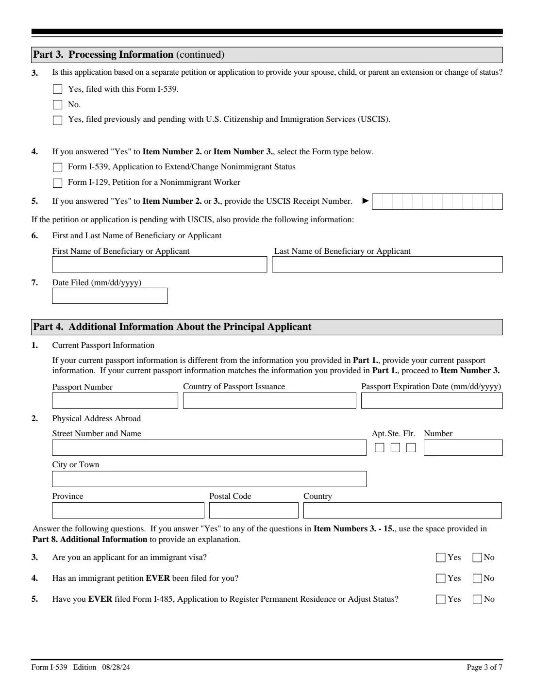 Form I-539 (2024) Application to Extend/Change Nonimmigrant Status — page 3 of 7