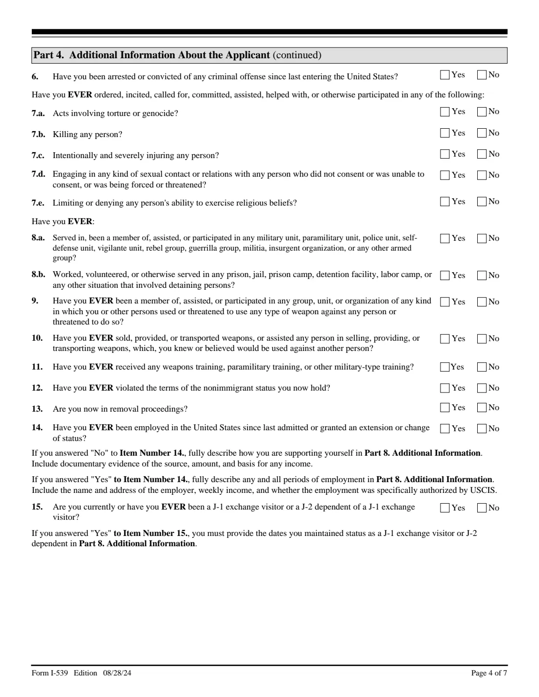 Form I-539 (2024) Application to Extend/Change Nonimmigrant Status — page 4 of 7