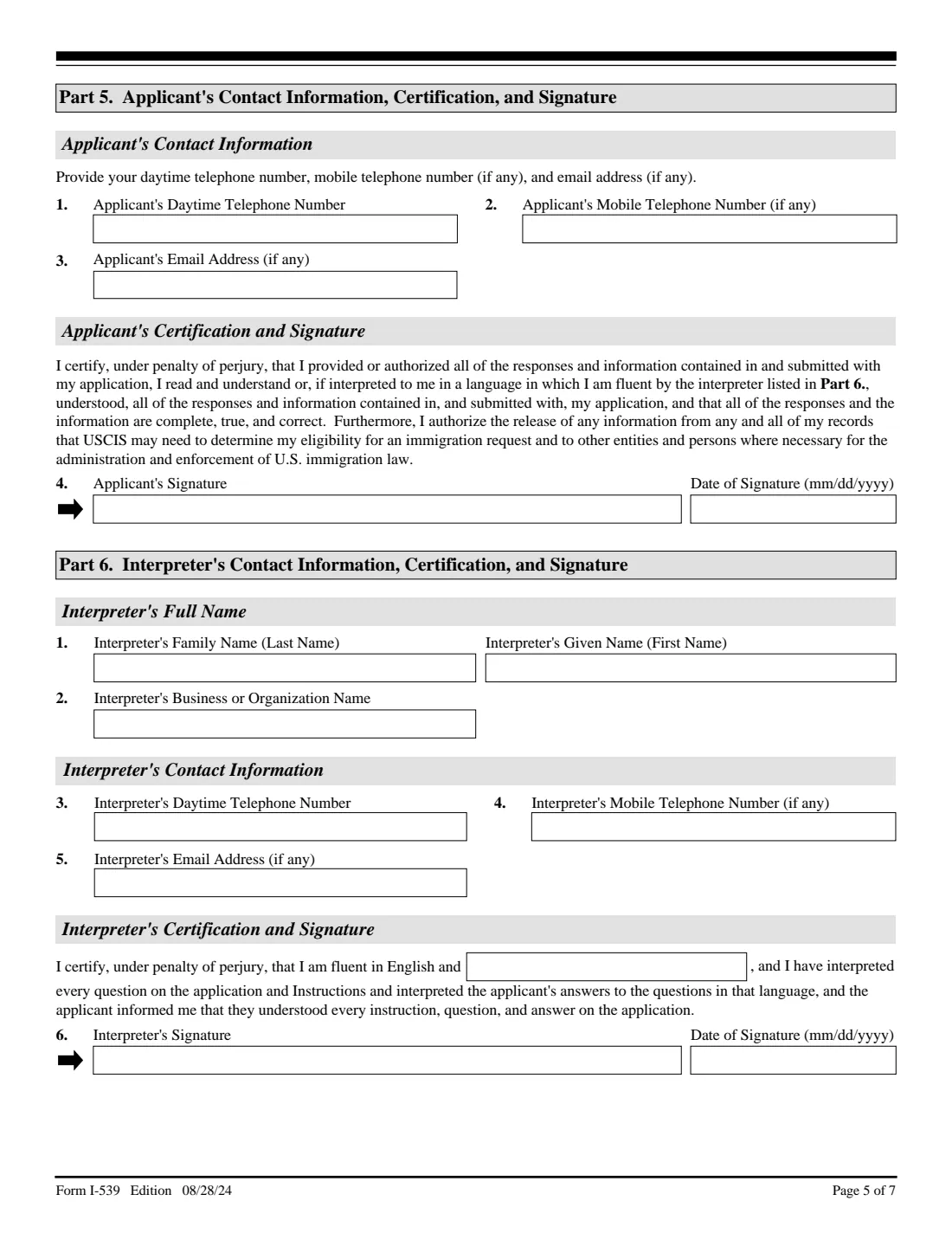 Form I-539 (2024) Application to Extend/Change Nonimmigrant Status — page 5 of 7
