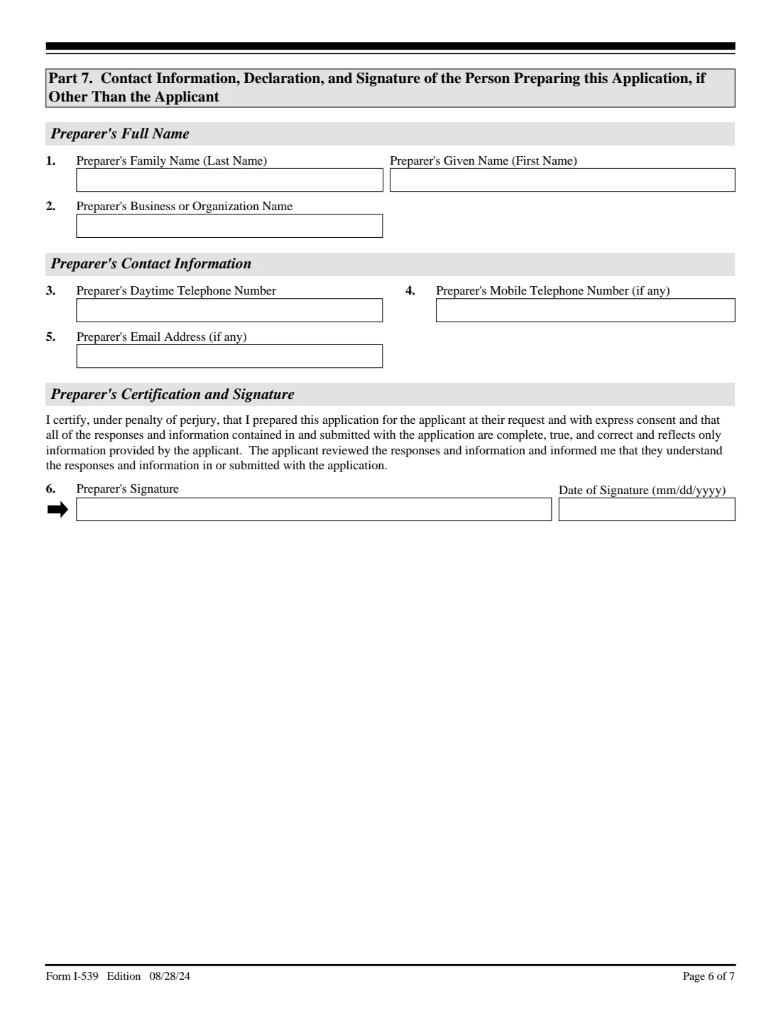 Form I-539 (2024) Application to Extend/Change Nonimmigrant Status — page 6 of 7