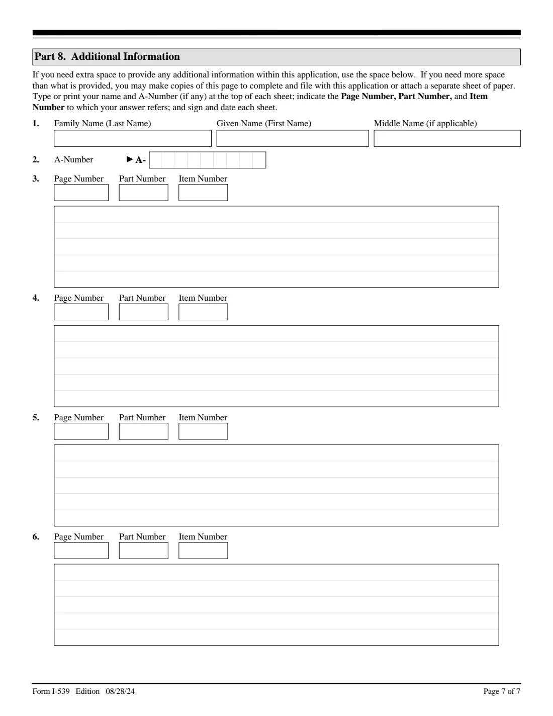 Form I-539 (2024) Application to Extend/Change Nonimmigrant Status — page 7 of 7