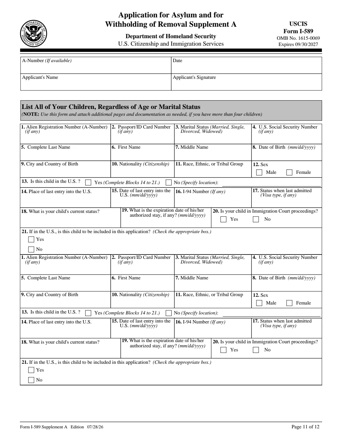 Form I-589 (2026) Application for Asylum and for Withholding of Removal — page 11 of 12