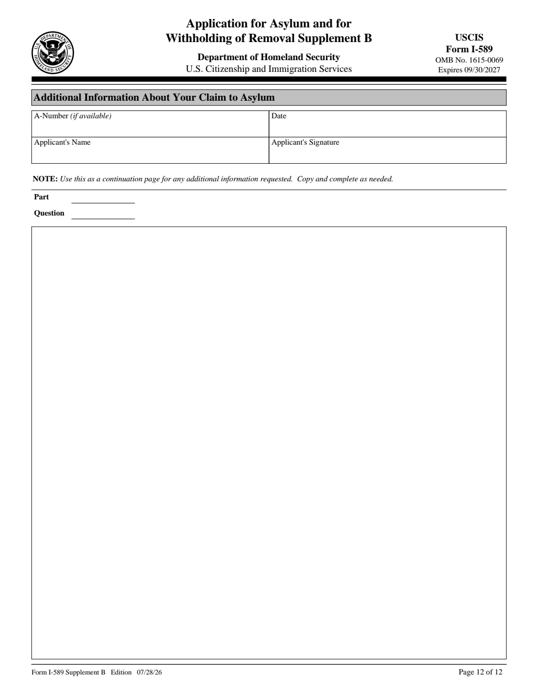 Form I-589 (2026) Application for Asylum and for Withholding of Removal — page 12 of 12
