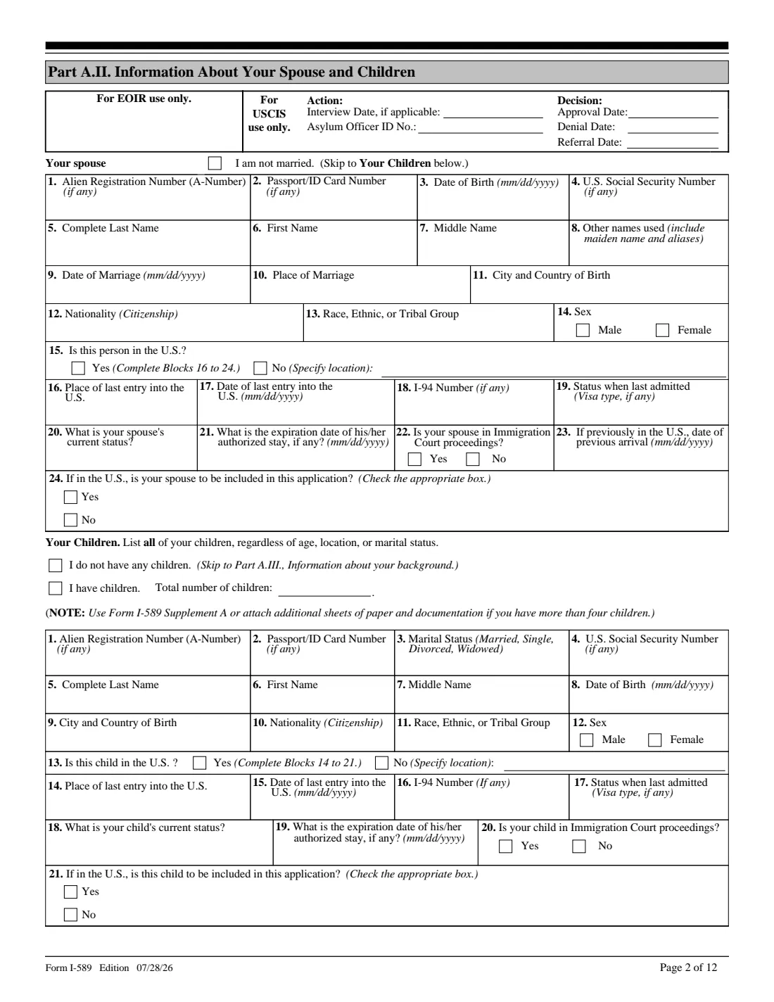 Form I-589 (2026) Application for Asylum and for Withholding of Removal — page 2 of 12