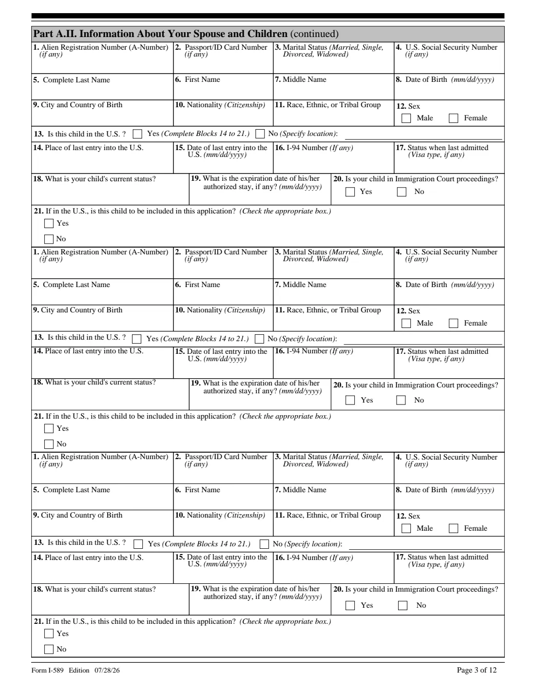 Form I-589 (2026) Application for Asylum and for Withholding of Removal — page 3 of 12