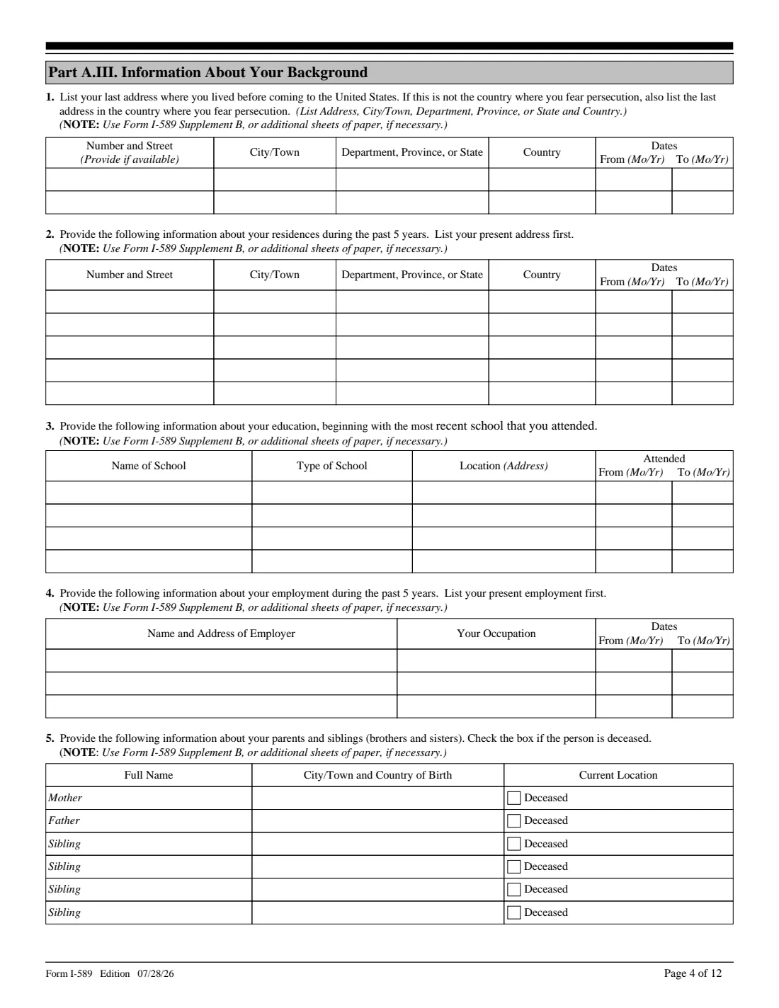 Form I-589 (2026) Application for Asylum and for Withholding of Removal — page 4 of 12