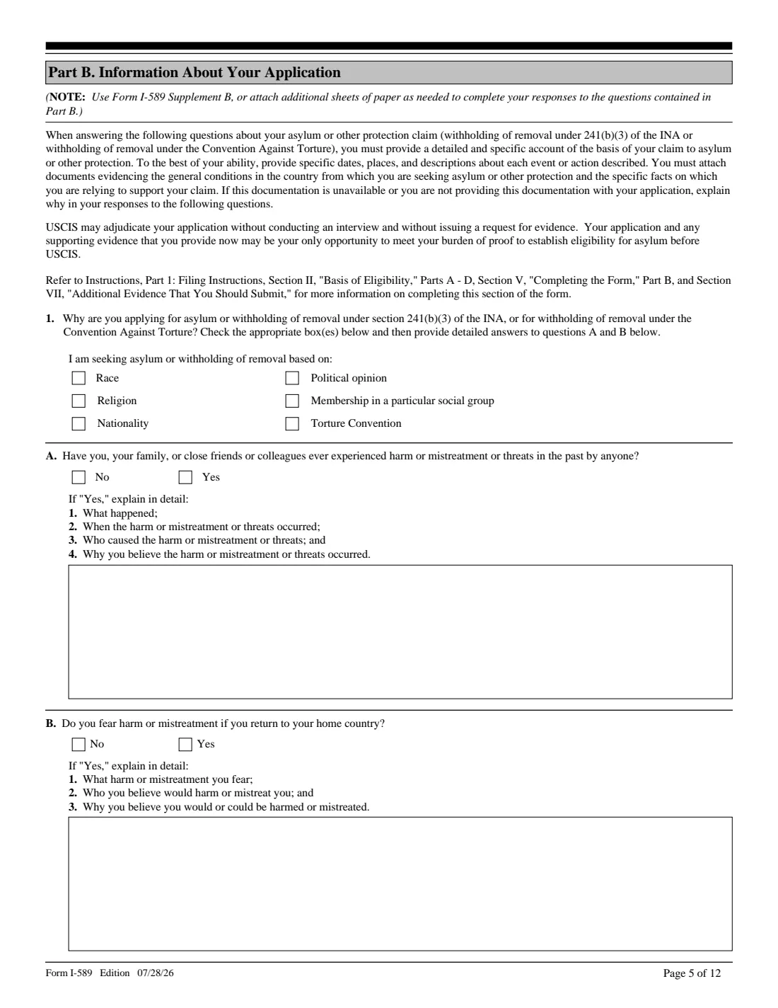Form I-589 (2026) Application for Asylum and for Withholding of Removal — page 5 of 12