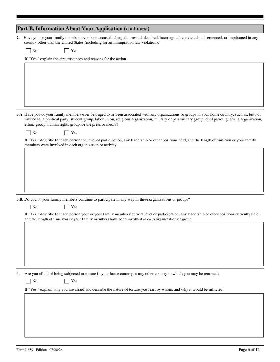 Form I-589 (2026) Application for Asylum and for Withholding of Removal — page 6 of 12