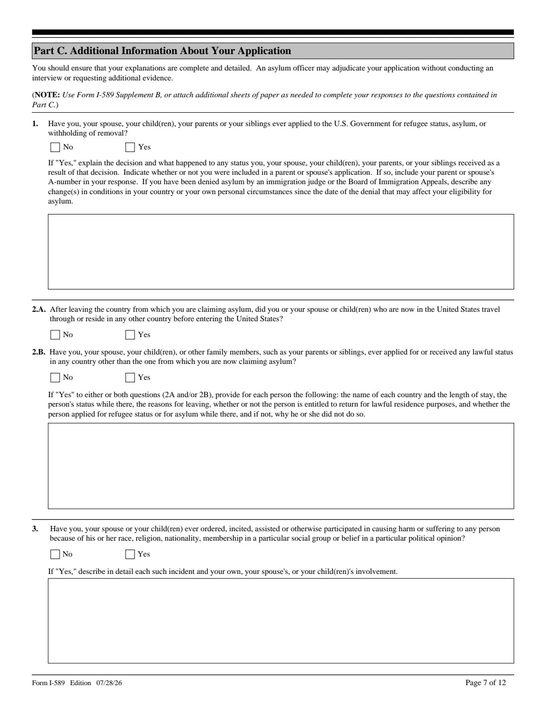 Form I-589 (2026) Application for Asylum and for Withholding of Removal — page 7 of 12