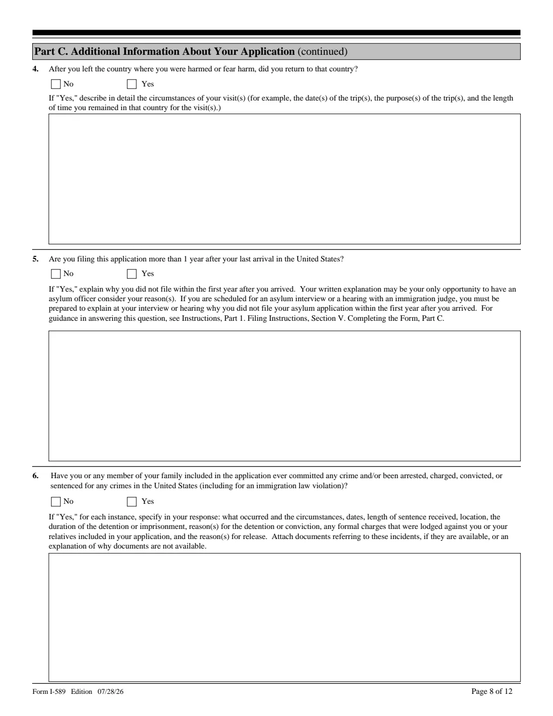 Form I-589 (2026) Application for Asylum and for Withholding of Removal — page 8 of 12