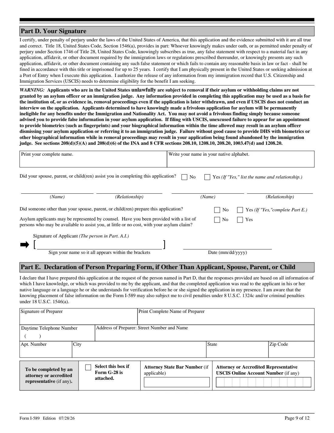 Form I-589 (2026) Application for Asylum and for Withholding of Removal — page 9 of 12