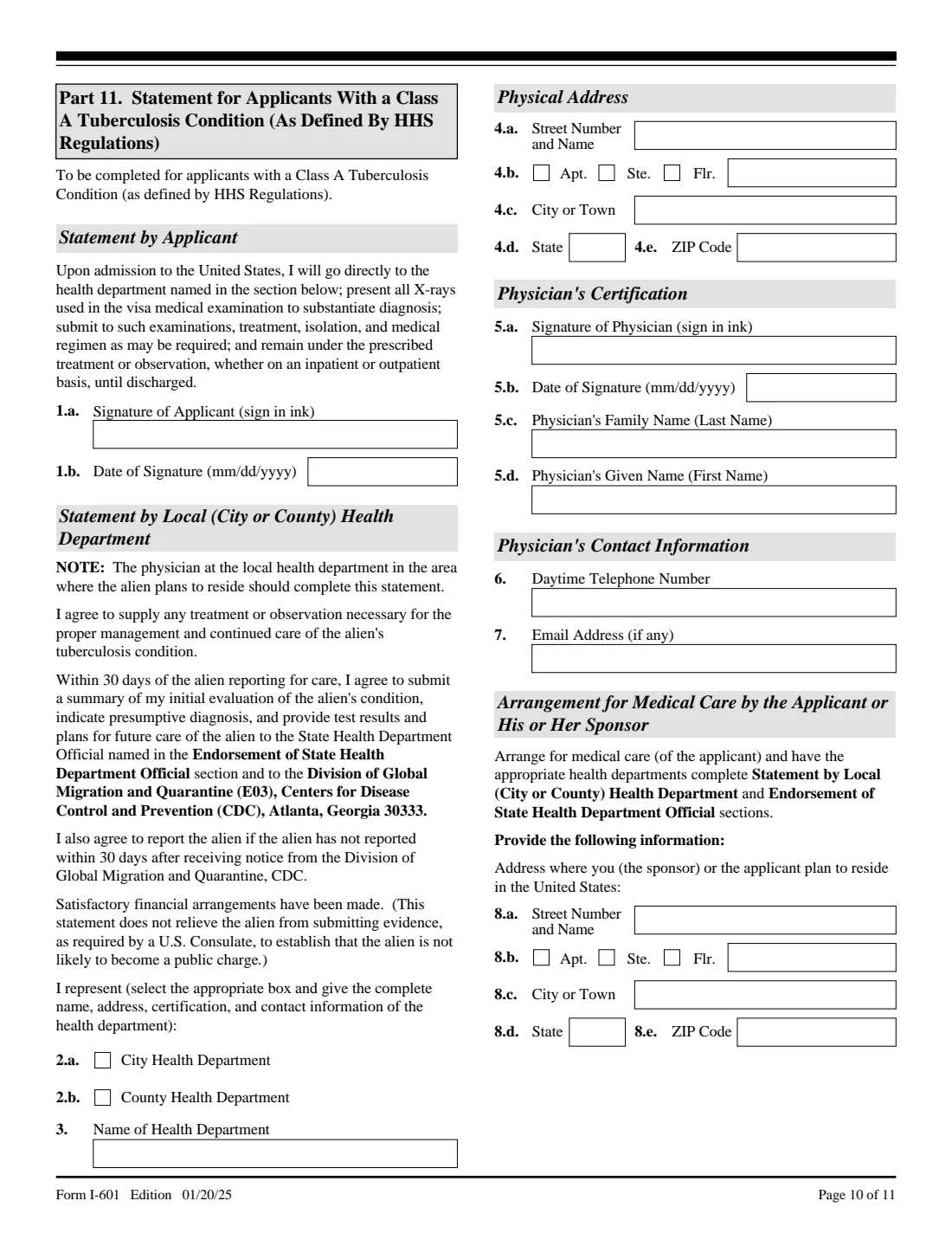 Form I-601 (2025) Application for Waiver of Grounds of Inadmissibility — page 10 of 11