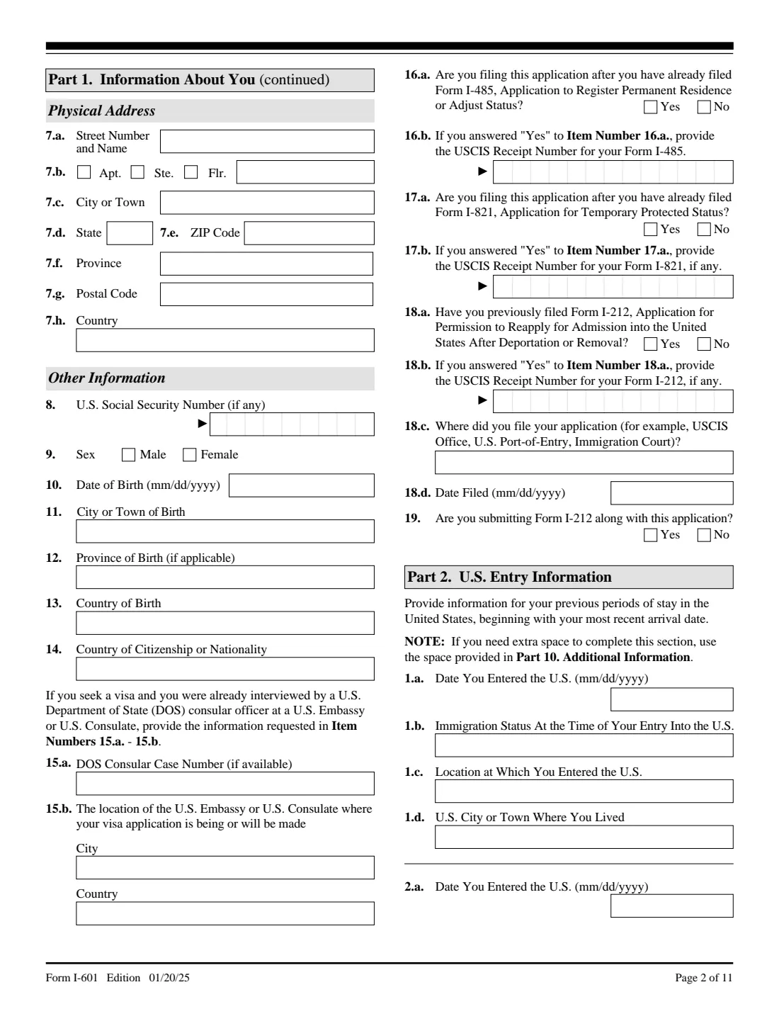 Form I-601 (2025) Application for Waiver of Grounds of Inadmissibility — page 2 of 11