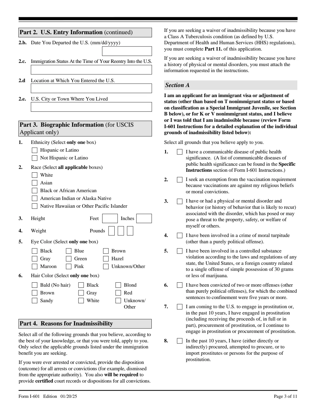 Form I-601 (2025) Application for Waiver of Grounds of Inadmissibility — page 3 of 11